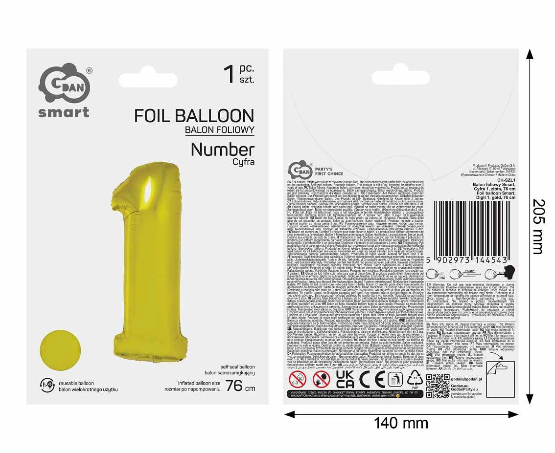 Foil balloon Smart, digit 1, gold, 76 cm